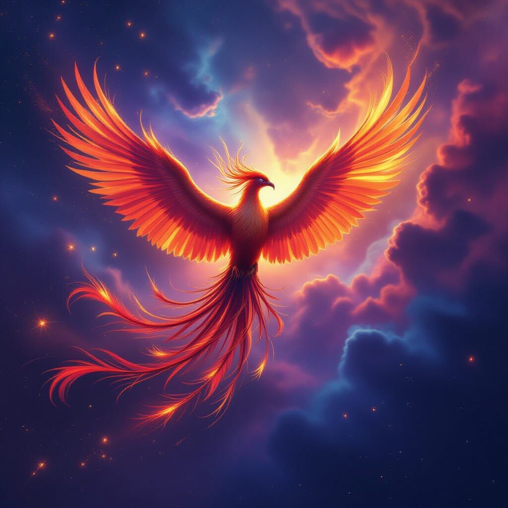 Majestic Phoenix Soars Through Nebula Sky