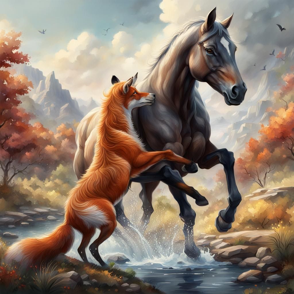 Watercolor Horse Helps Fox: Fantasy Art