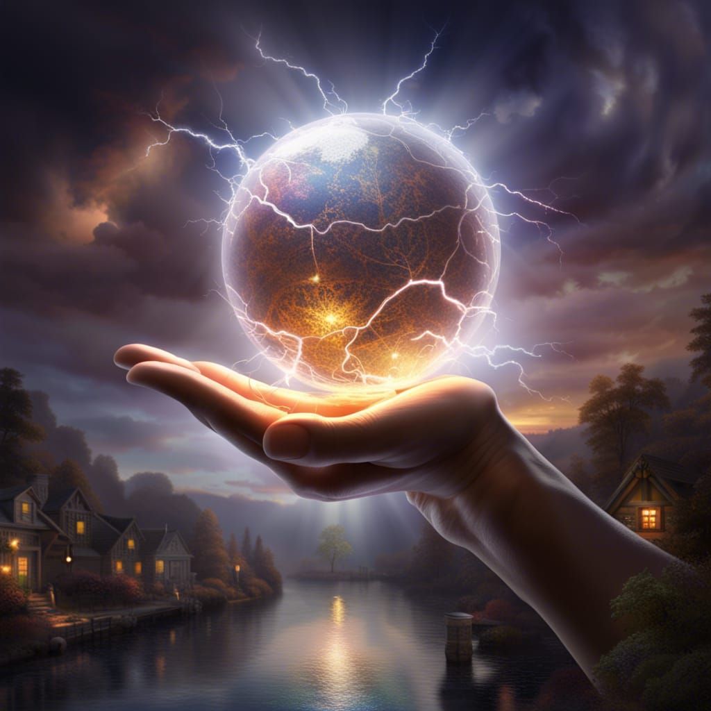 Hand Holding Lightning Ball in Digital Art Style