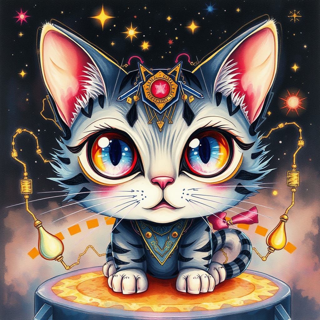 Whimsical Chibi Feline in Gilded Vintage Holographic Style