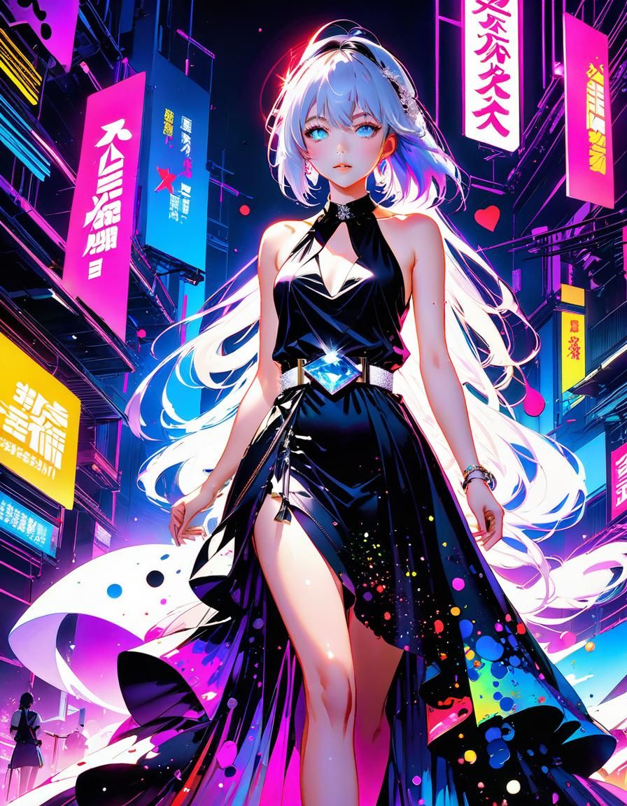 Neon Lights and Watercolor Ink Splatter in Anime Style