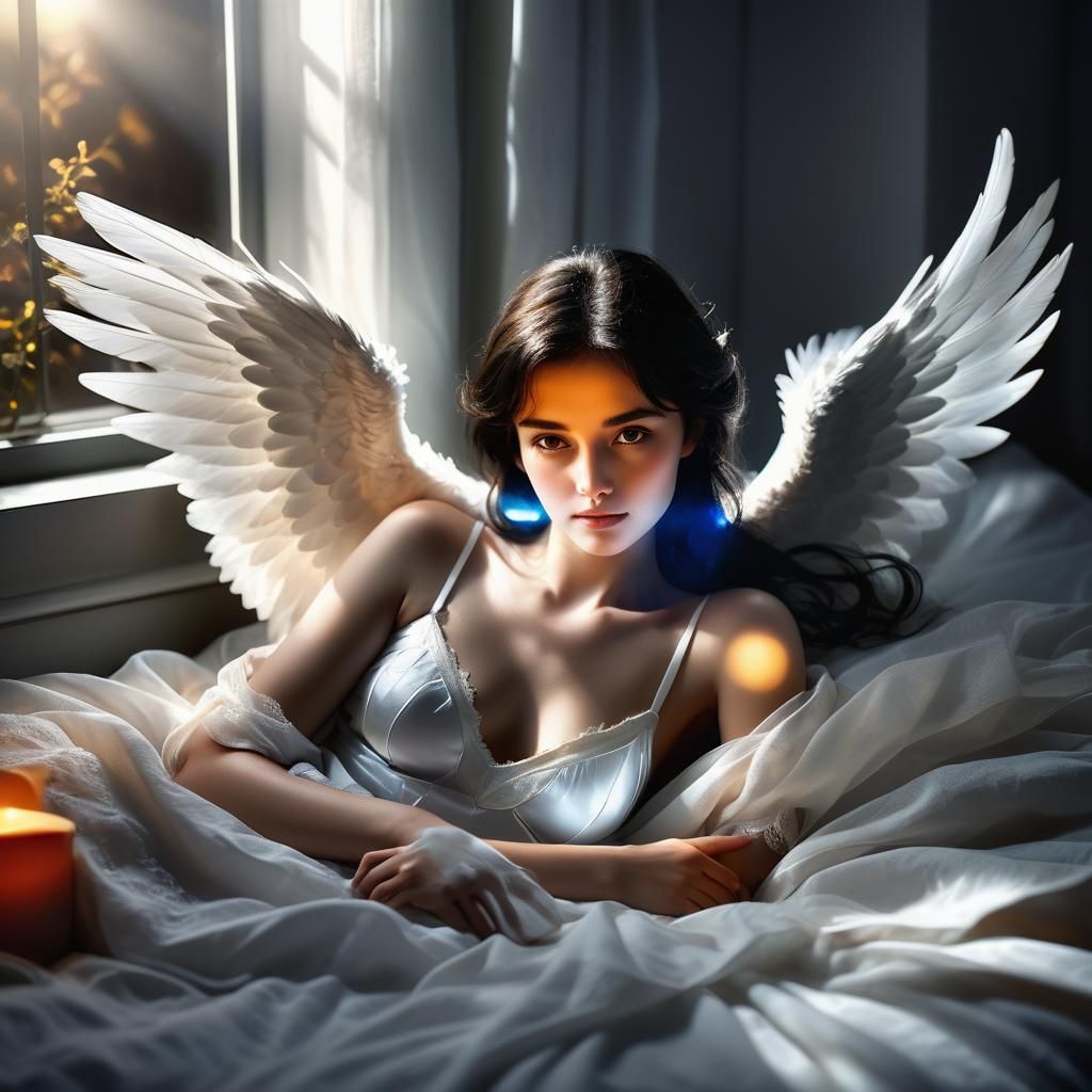 Dark-Haired Angel in Moonlight: Hyper-Realistic Portrait