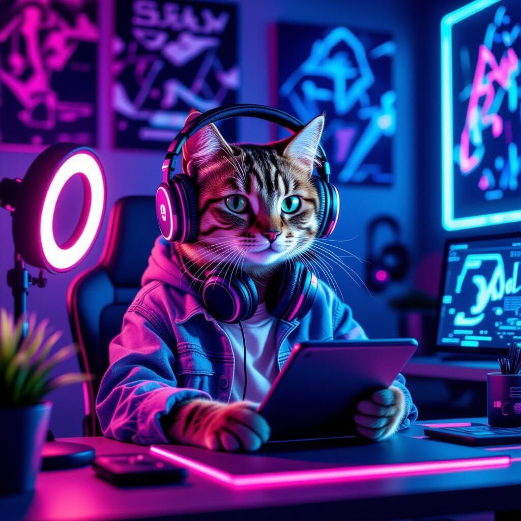 Gen Z Tabby Cat Records Video in Neon Cyberpunk Room