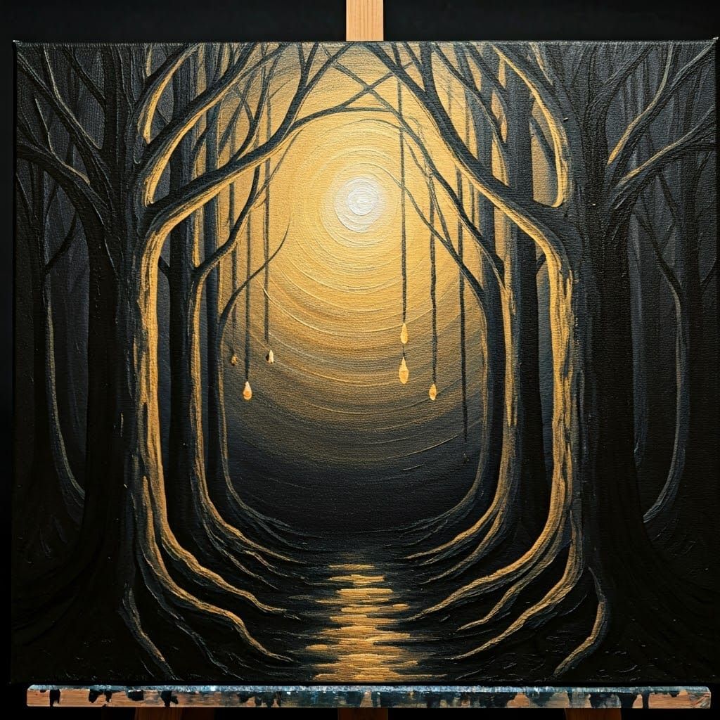Golden Stars Shine in Black Forest Painting