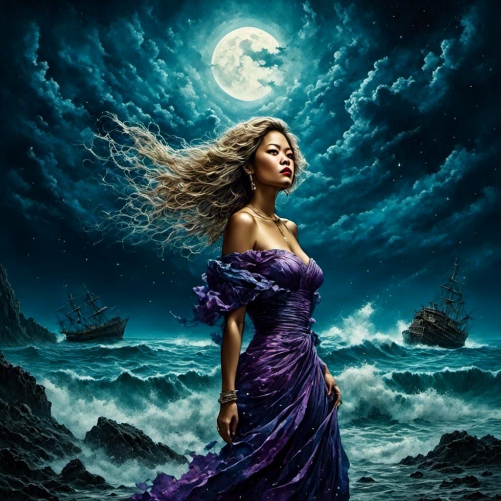 Woman Stares at Shipwreck Under Stormy Moon