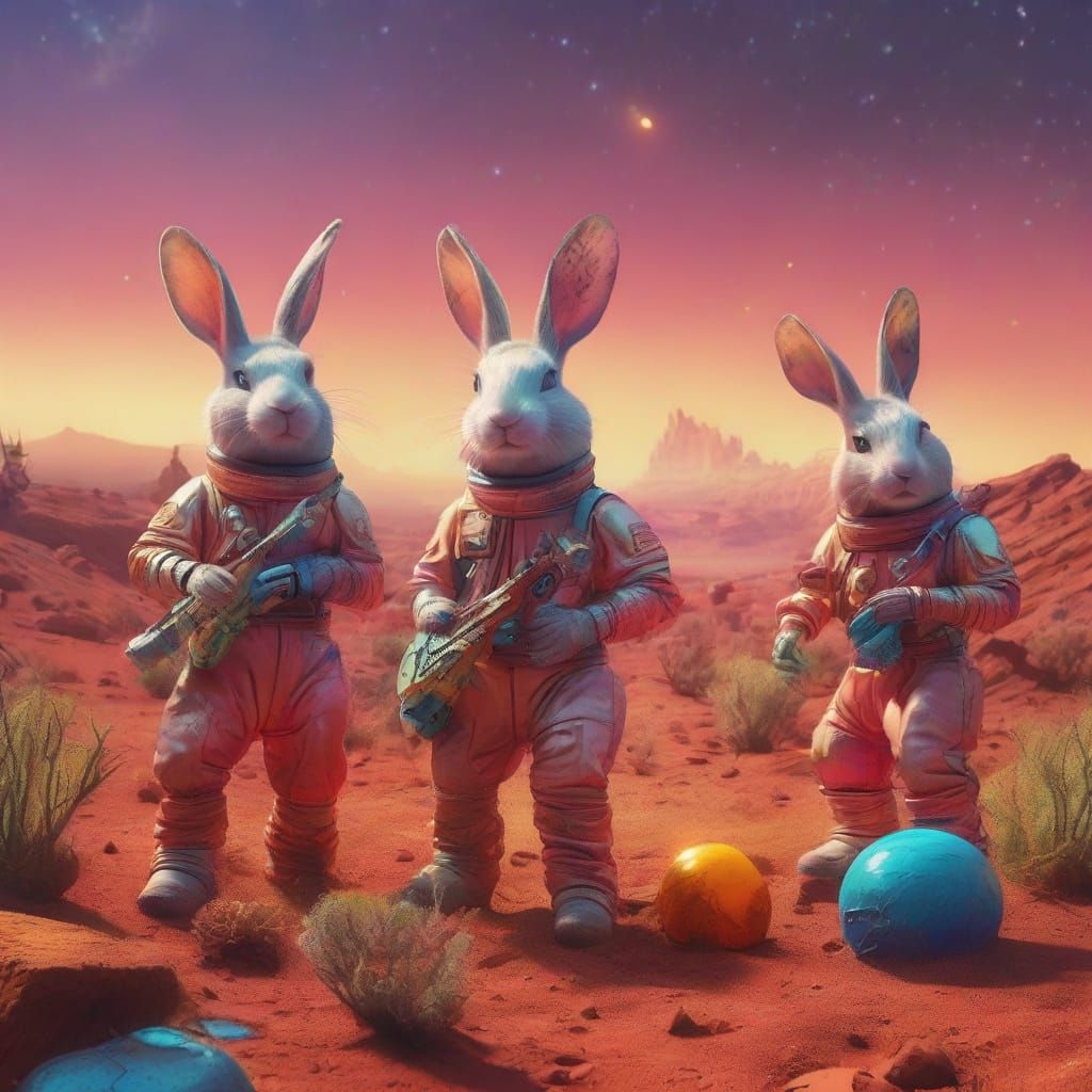 Drunken Rabbits Play Music on Mars in Vibrant Oil Painting