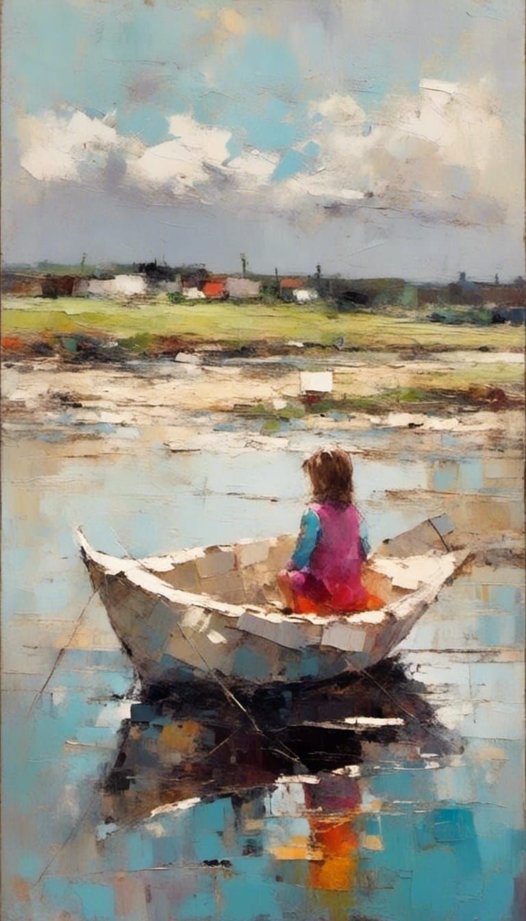 Girl in Newspaper Boat on Still Water