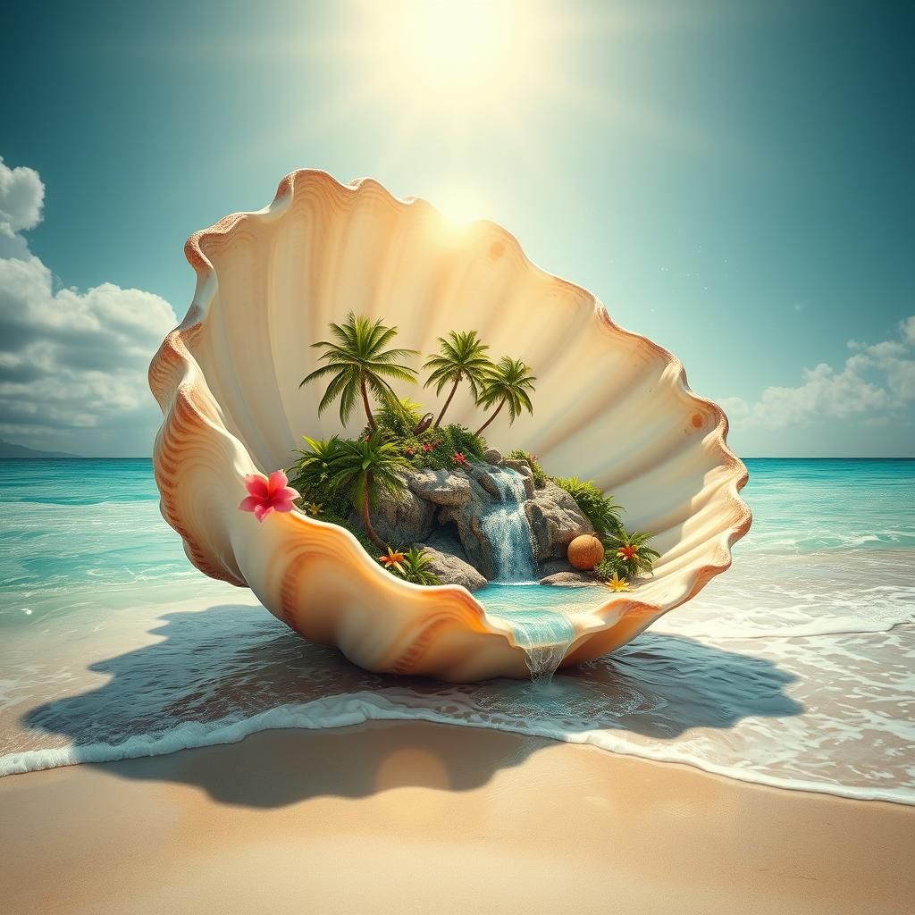 Ornate Clam Shell Reveals Island Paradise
