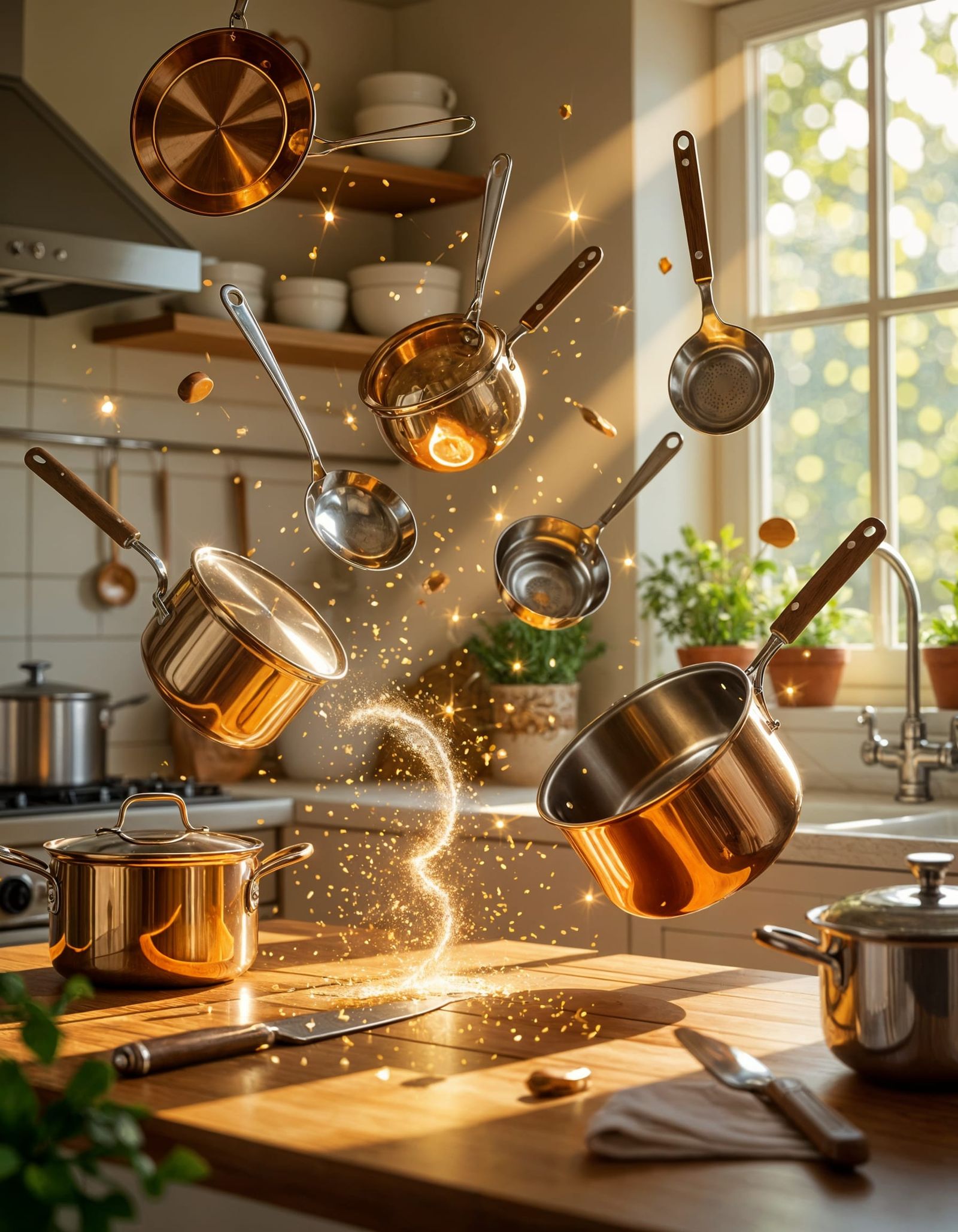 Enchanted Kitchen Utensils Flying in Hyperdetailed Style