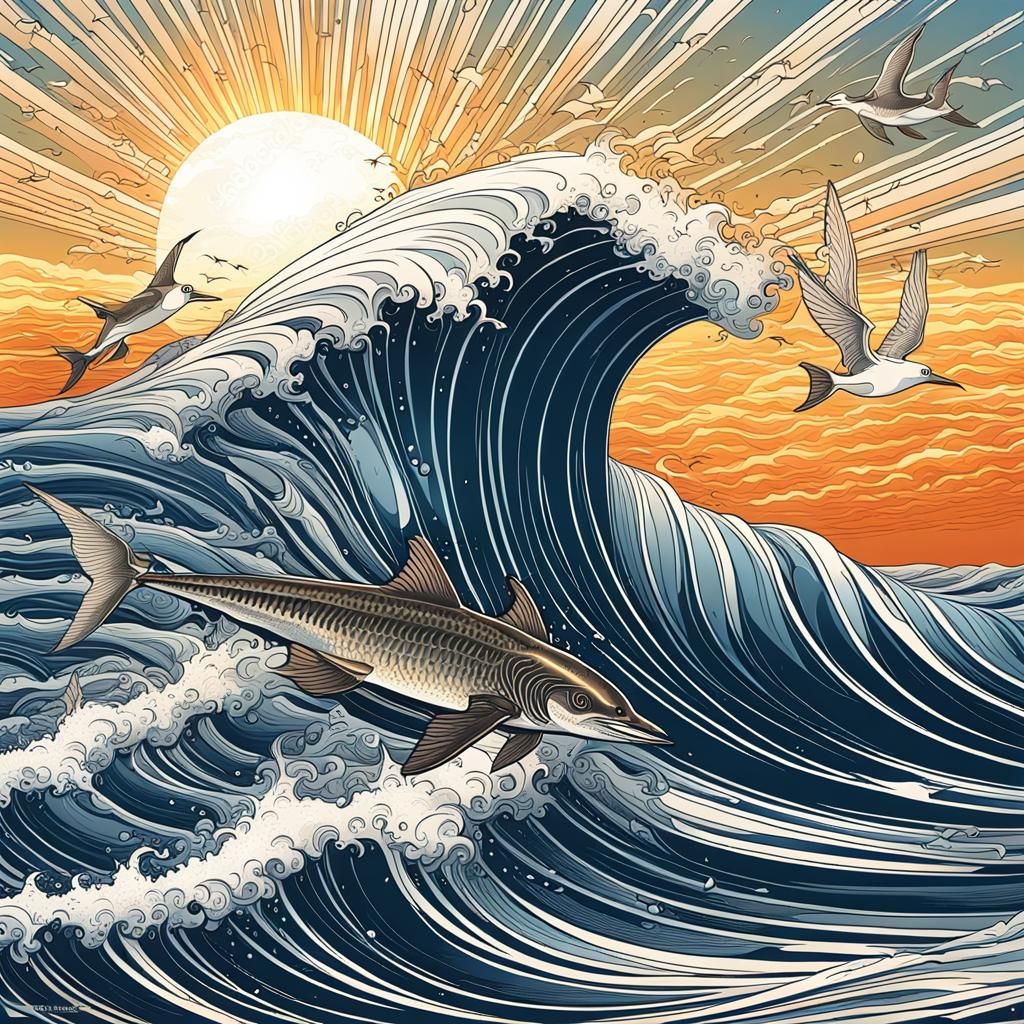 Swordfish Leaps at Sunset: Abstract Vector Art