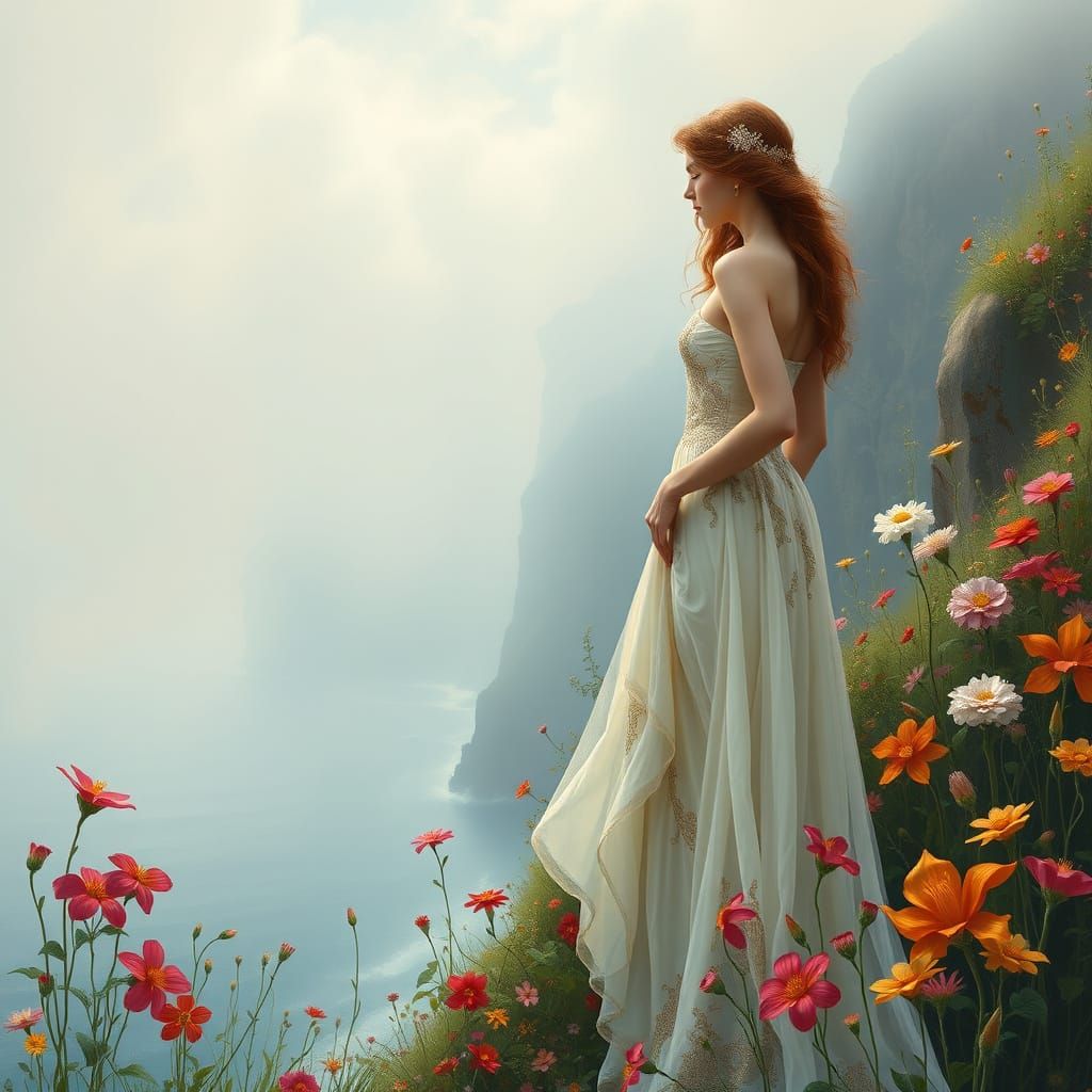 Elegant Woman on Misty Cliff in Art Nouveau Style