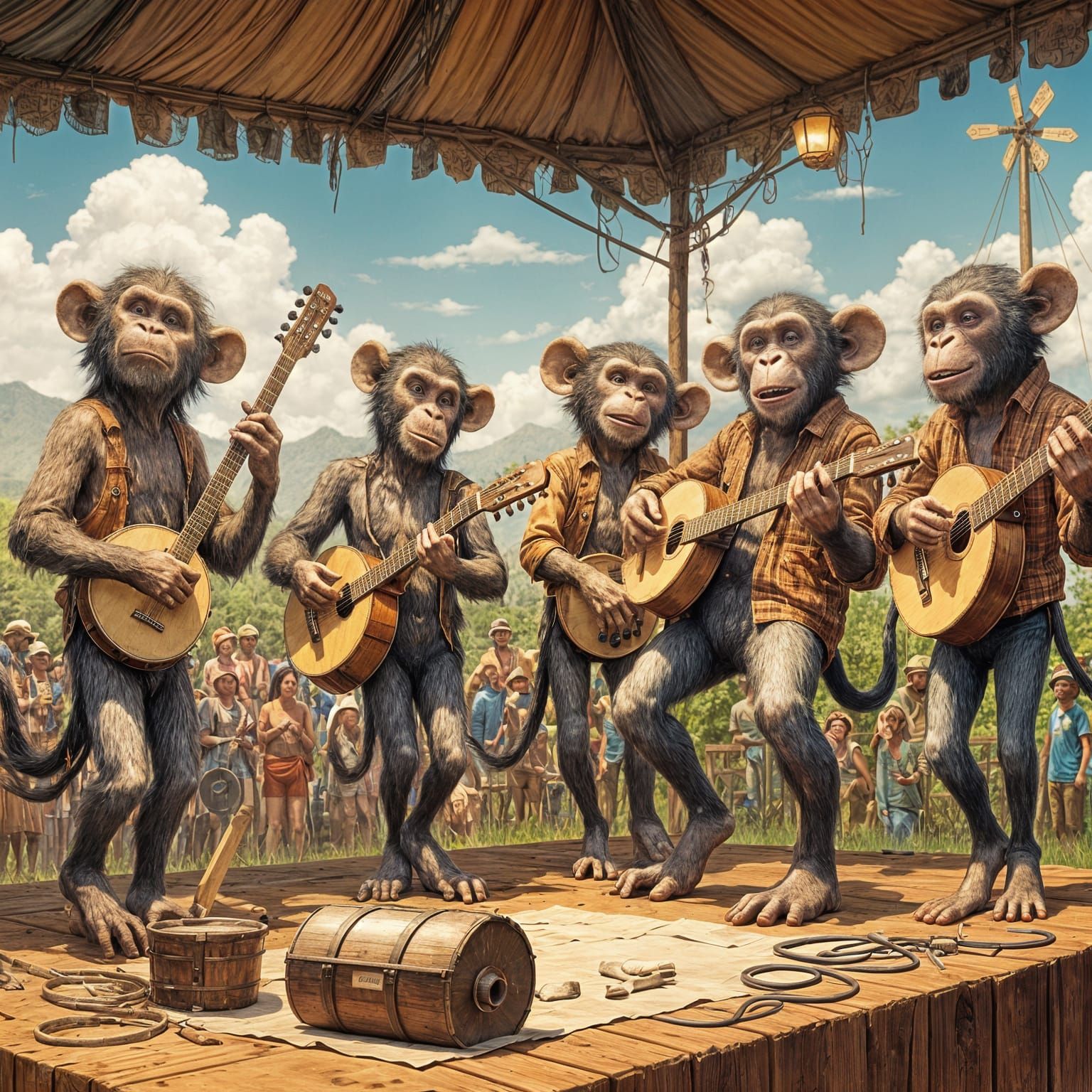 Apes Playing Banjos at a County Fair in a Whimsical Style