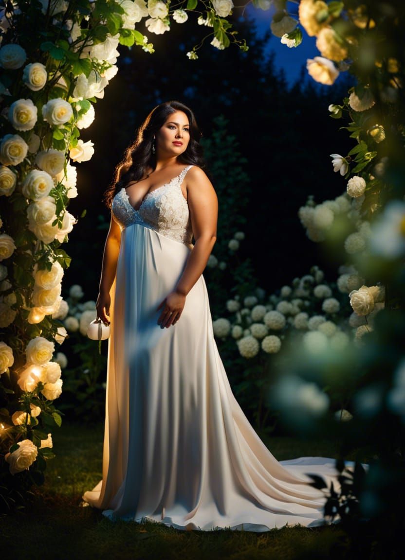 Plump Bride in Blooming Garden, Hyperrealistic 8K