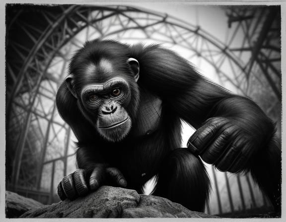 Chimpanzee Operates Vintage Camera in Black and White