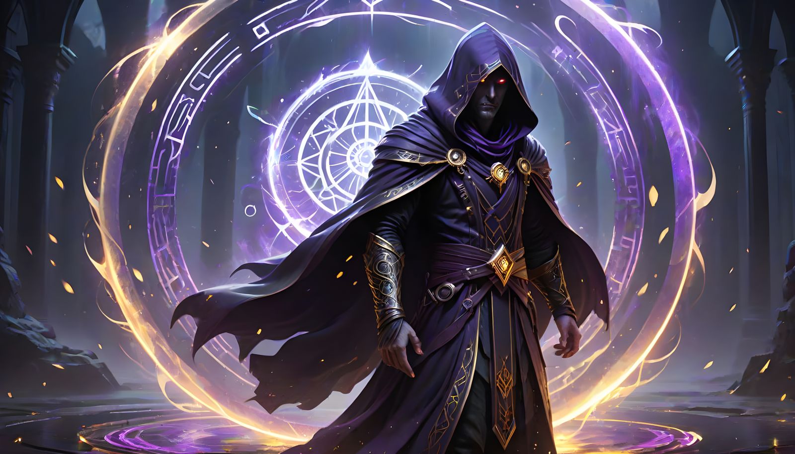 Hooded Sorcerer in Glowing Arcane Circle, CGI Art