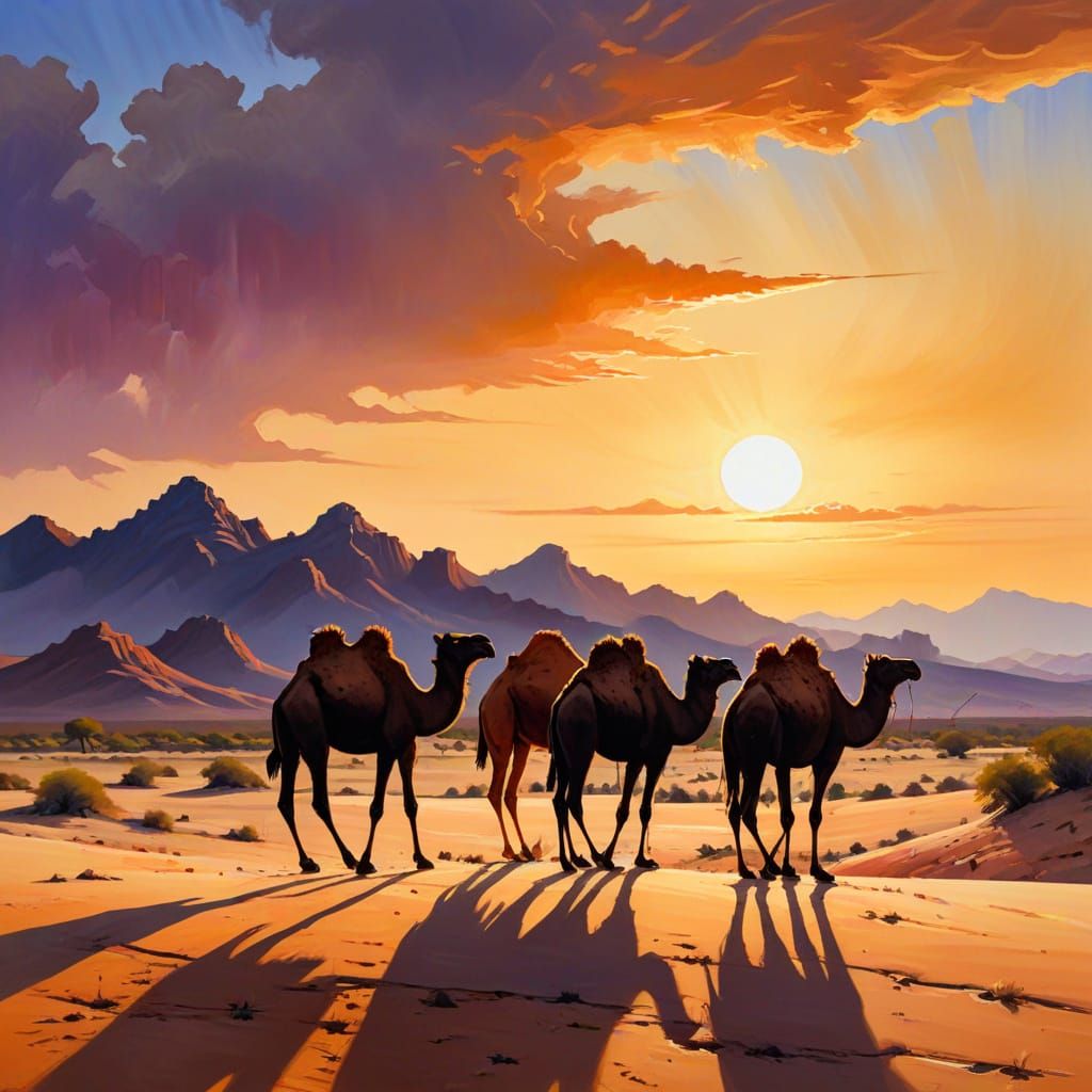 Camels Silhouetted at Dawn: A Gouache Painting