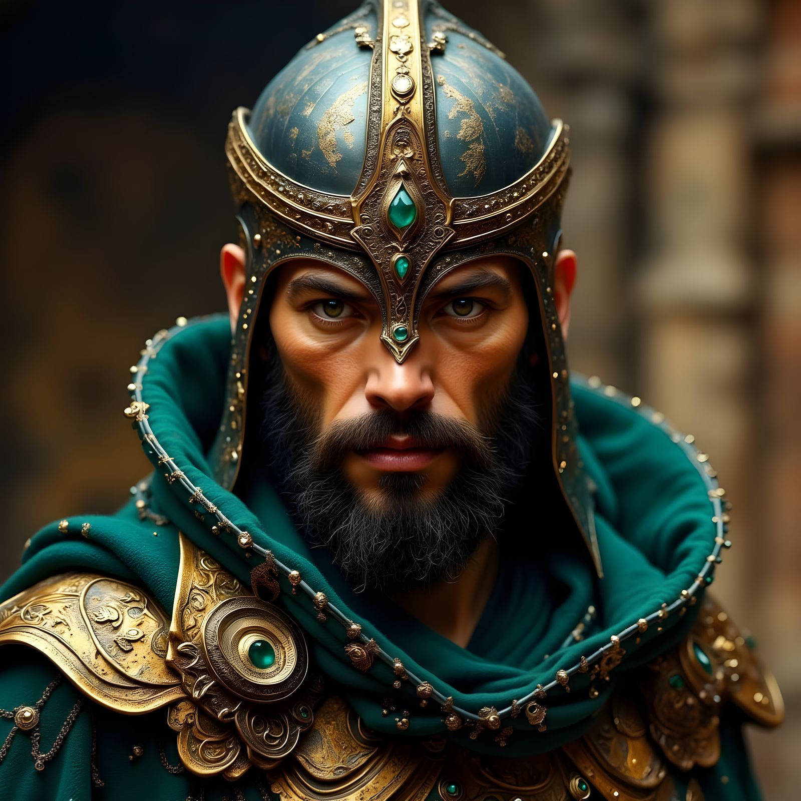 Ornate Metallic Helmet Portrait in Photorealistic Style