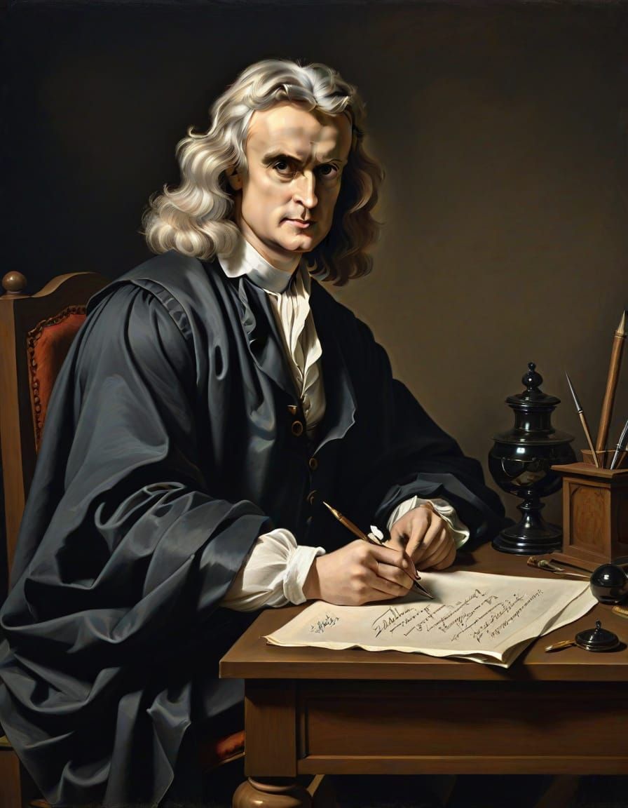Sir Isaac Newton Writing by Candlelight in Caravaggio Style