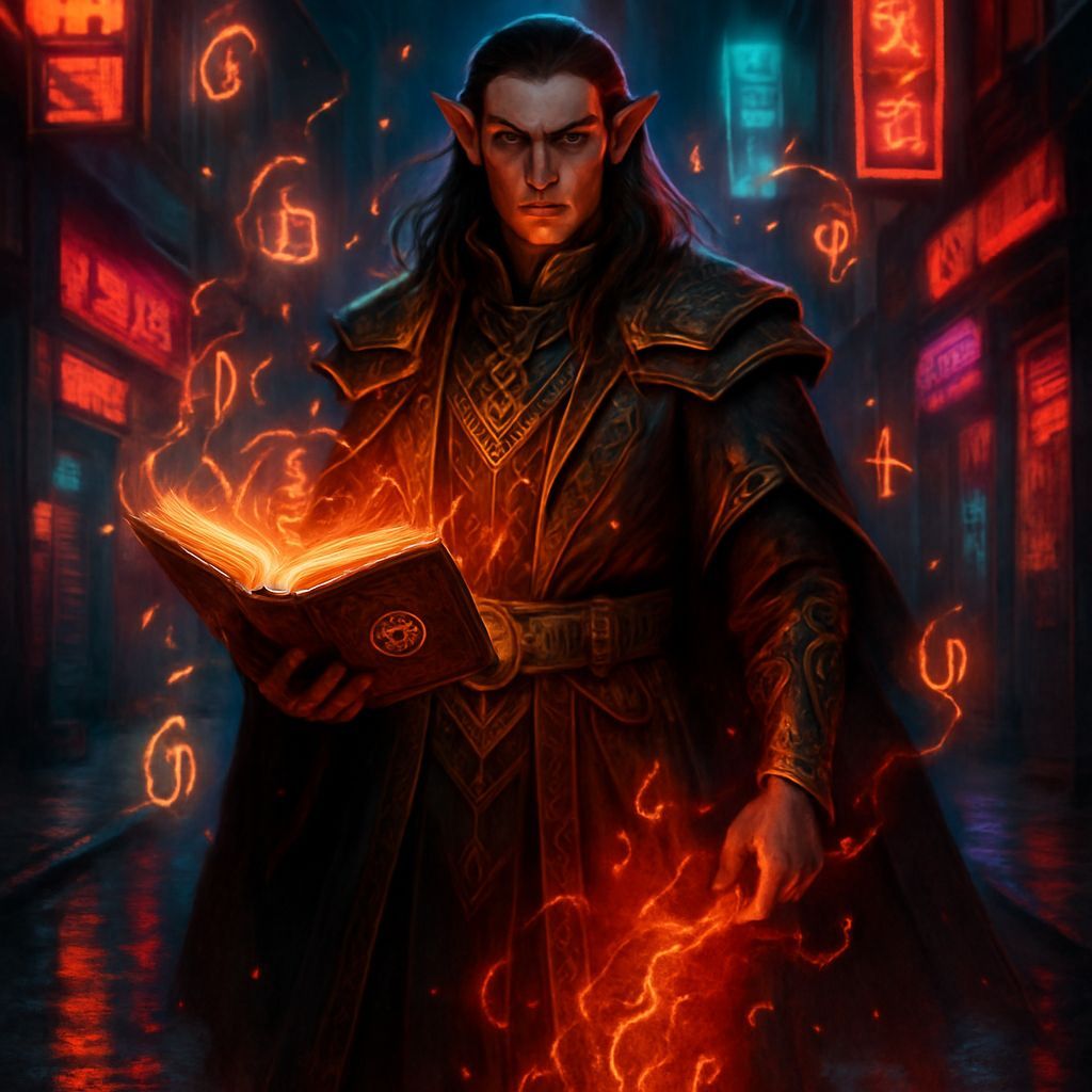 Cyberpunk Elf Mage in Neon Alleyway Digital Painting