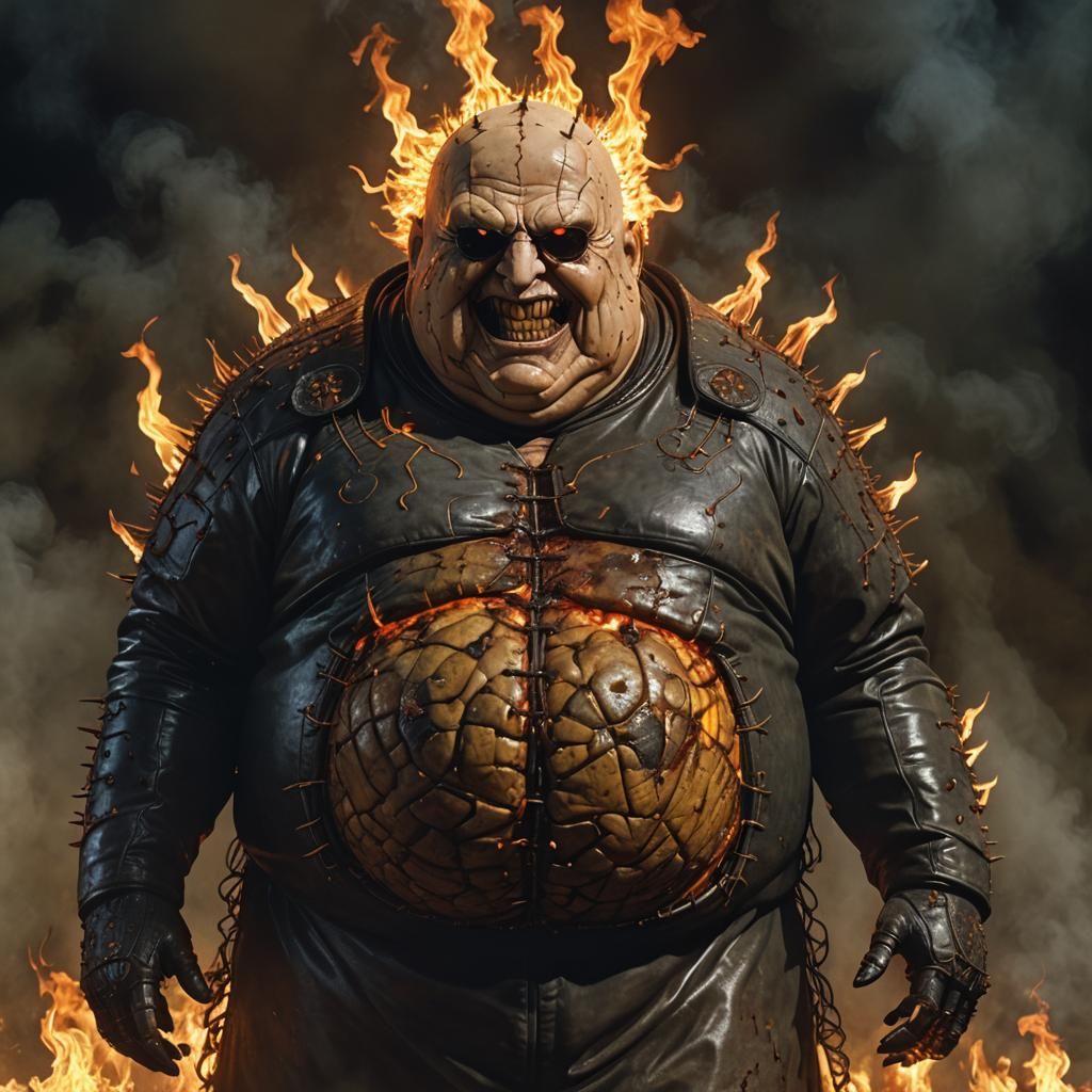Hyperrealistic Cenobite, "Butterball", from the movie "Hellbound: Hellraiser II", an obese figure with elongated, fat fa...
