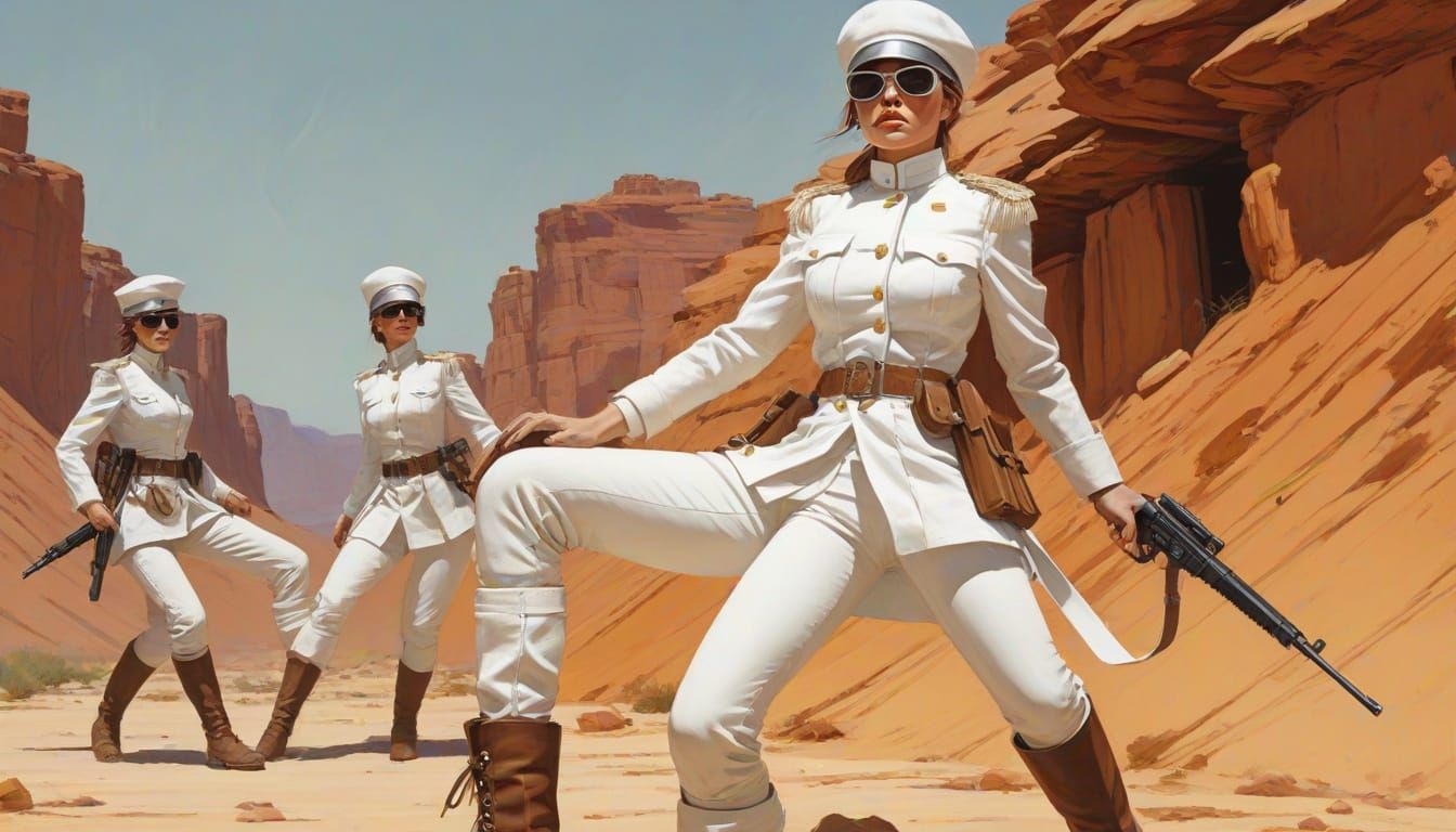 Women in Uniform: Gouache Painting in Moebius Style