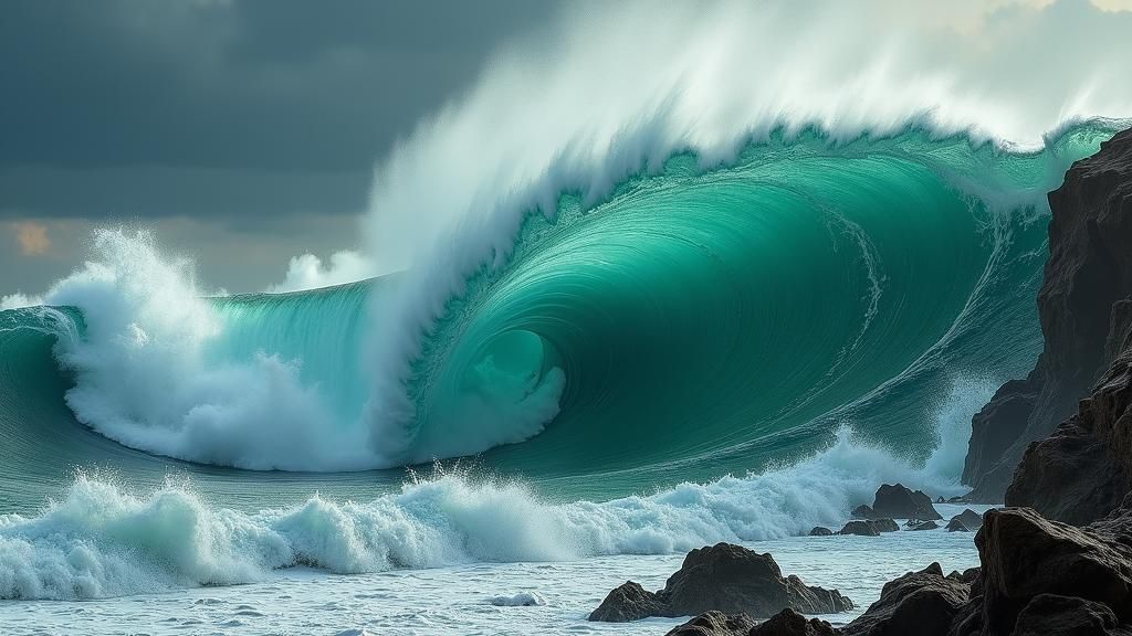 Turbulent Turquoise Wave Crashing on Rocky Shore