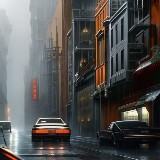 Hyperrealistic Cars in Rainy City at Night