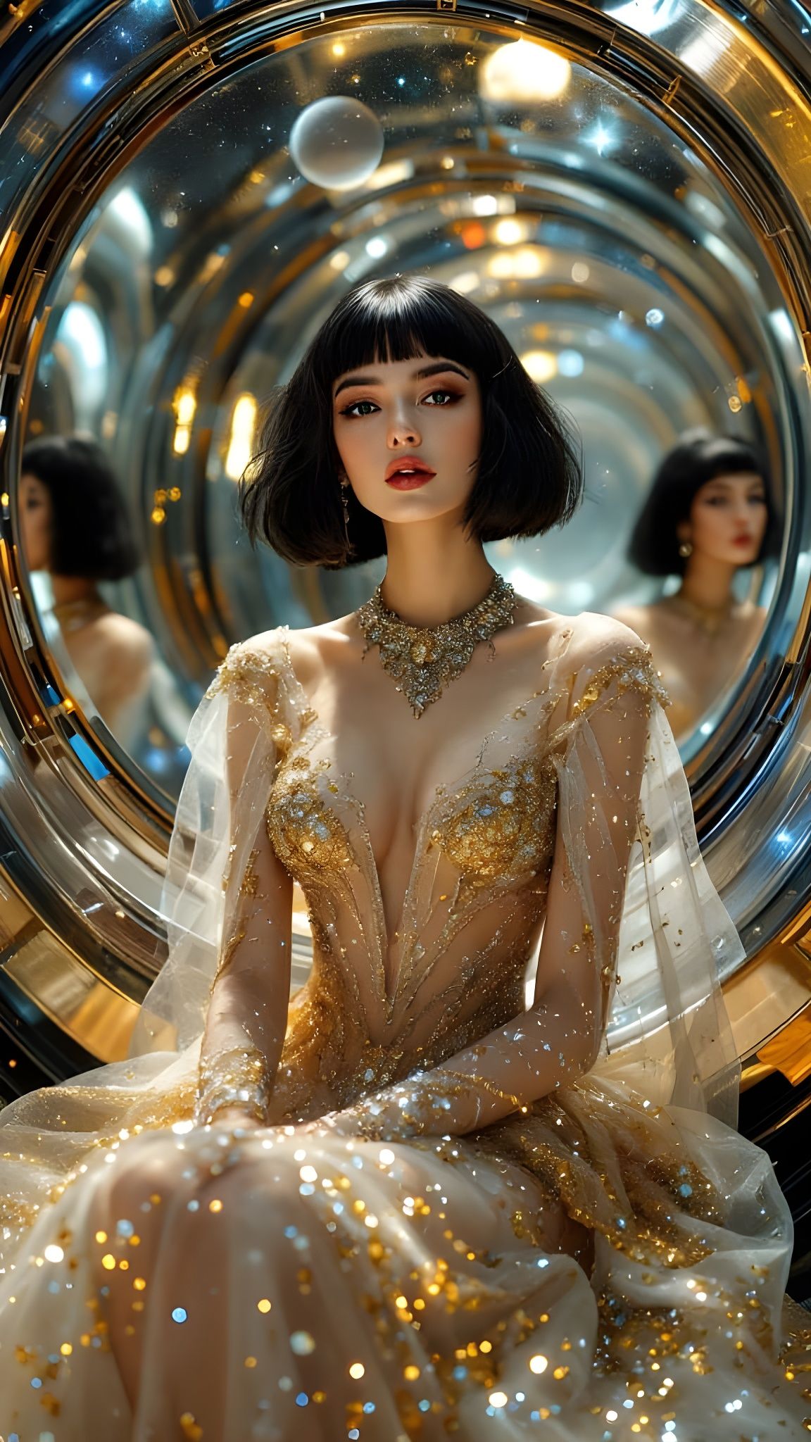 Ethereal Futuristic Space Goddess in Chrome Hall of Mirrors