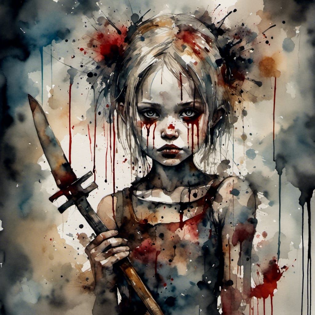 Antique Watercolor Doll with Knife in Grungy Setting