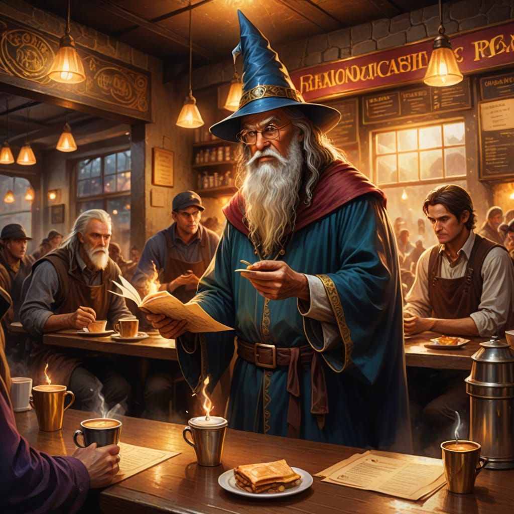 Wizard at Cafe: Fantasy Illustration with Golden Lighting