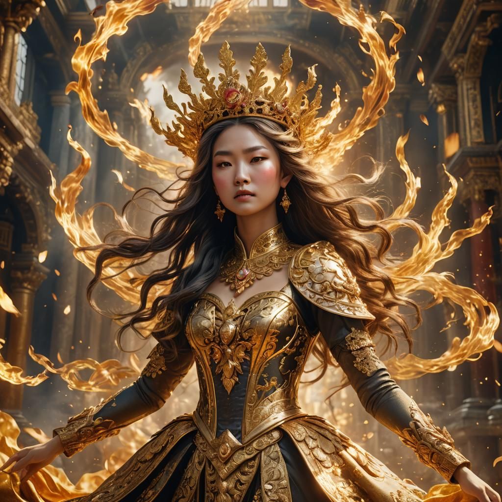 Asian Sun Goddess in Baroque Gold Dress