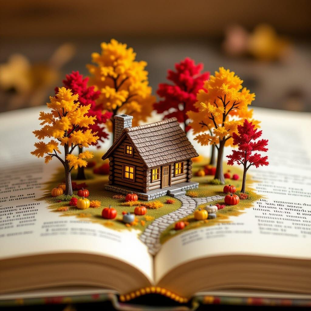 Tiny Autumn Cabin on Book Pages Illustration