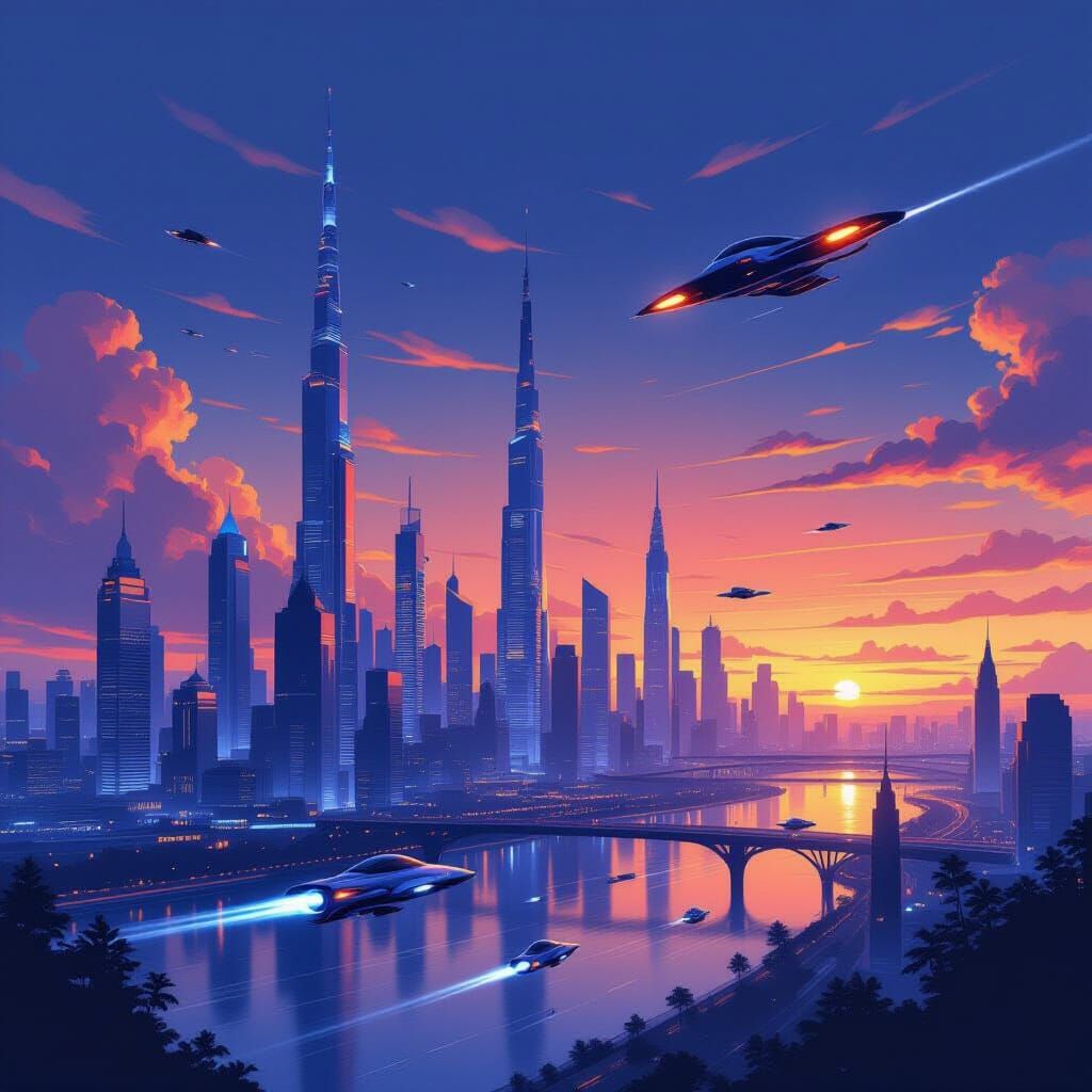 Futuristic Cityscape at Dusk in Airbrushed Style