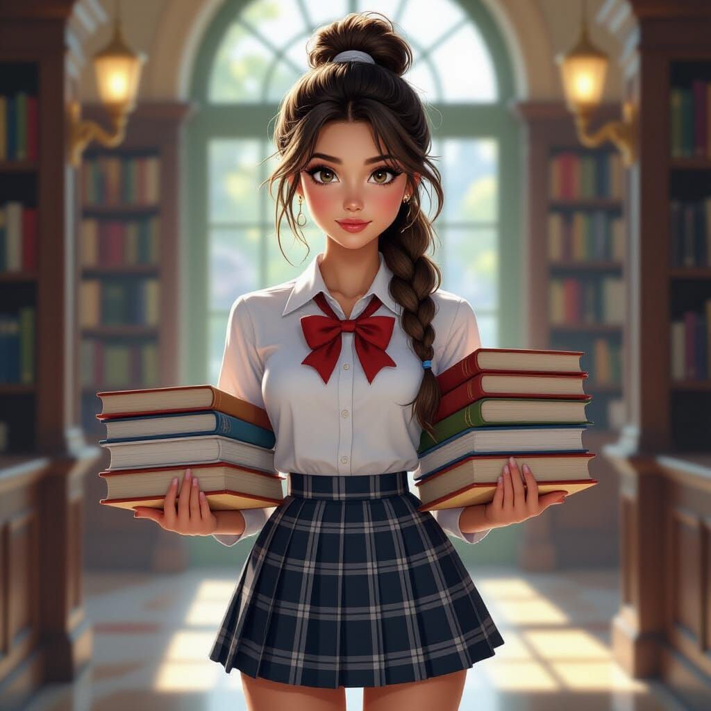 Lady in School Uniform with Books, Dramatic Lighting