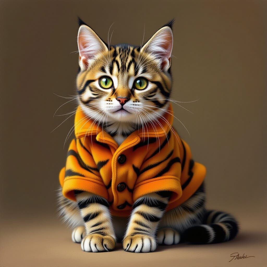 Miniature Cat Dressed as Tiger in Hyperrealistic Style