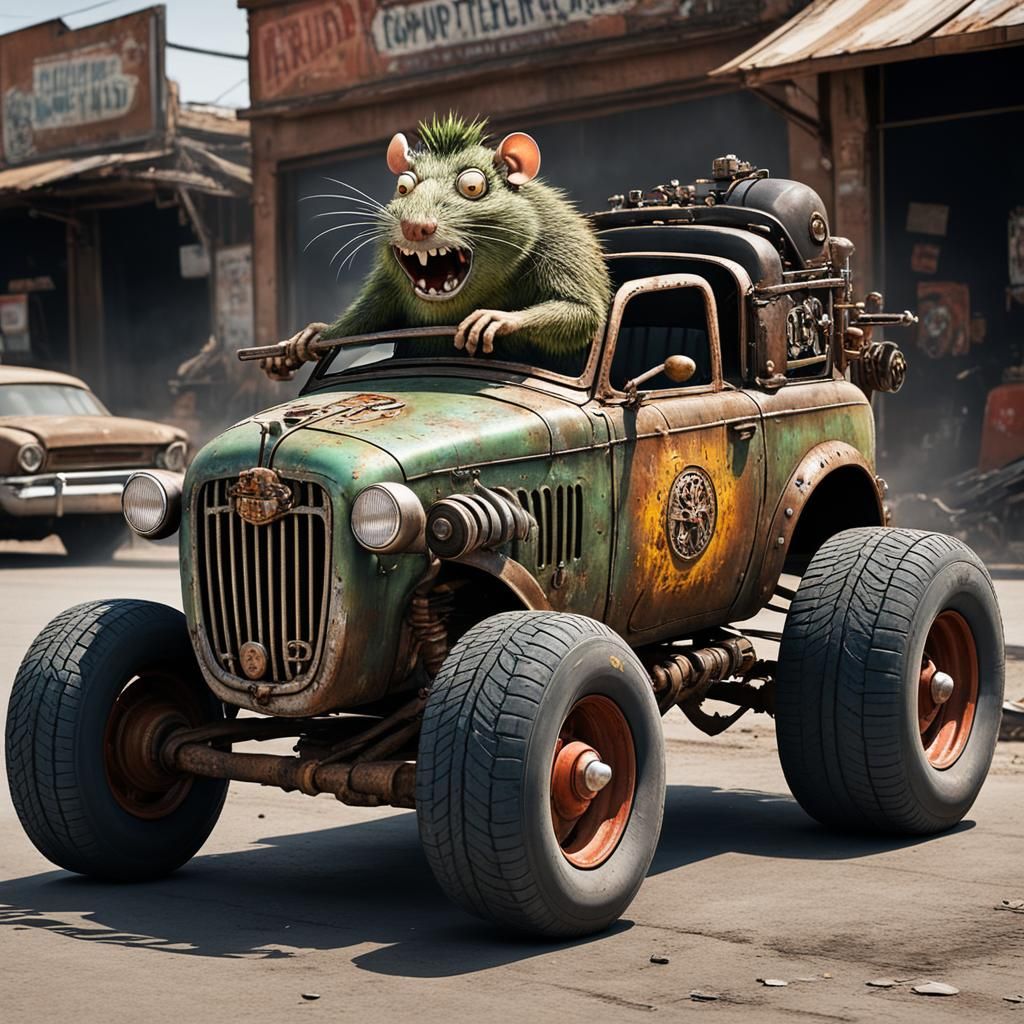 Ratfink Driving Hotrod in Dystopian World