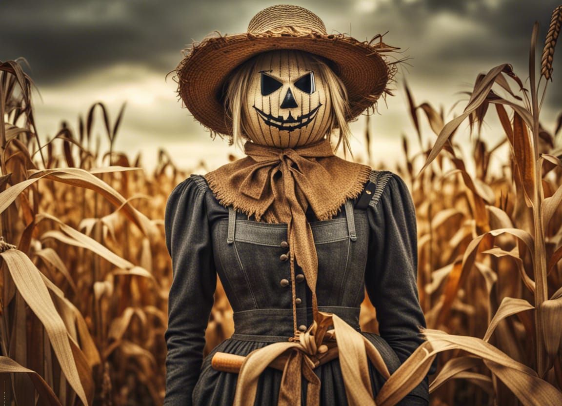 Hyperrealistic Scarecrow in Autumn Cornfield