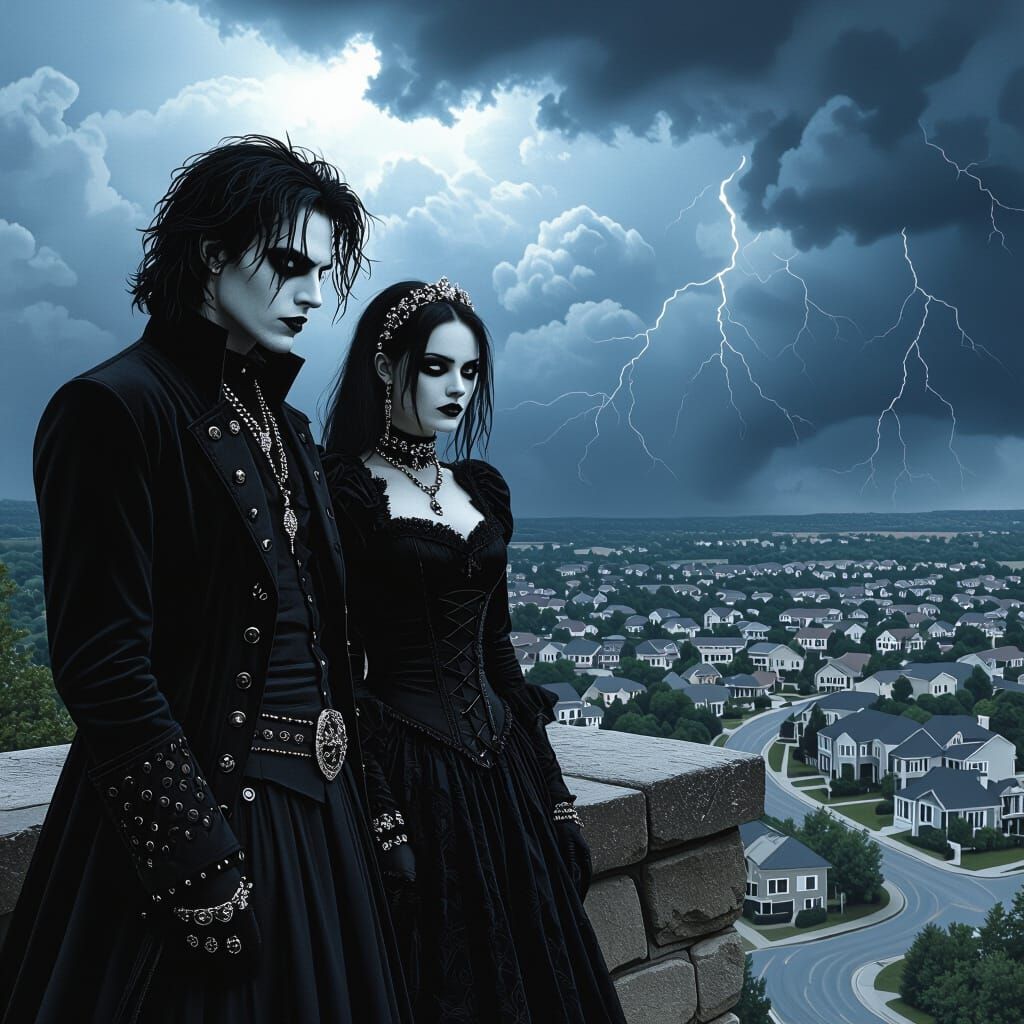 Gothic Figures Overlook Stormy Town
