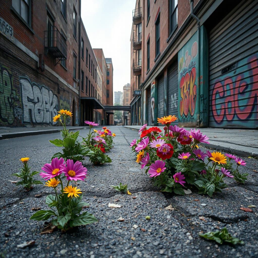Wildflowers Bloom Amidst City Street Graffiti