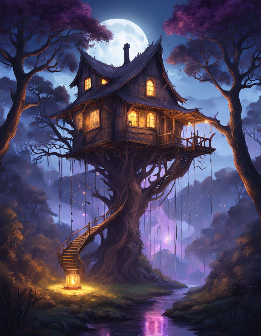Glowing Treehouse in Dark Fantasy Forest