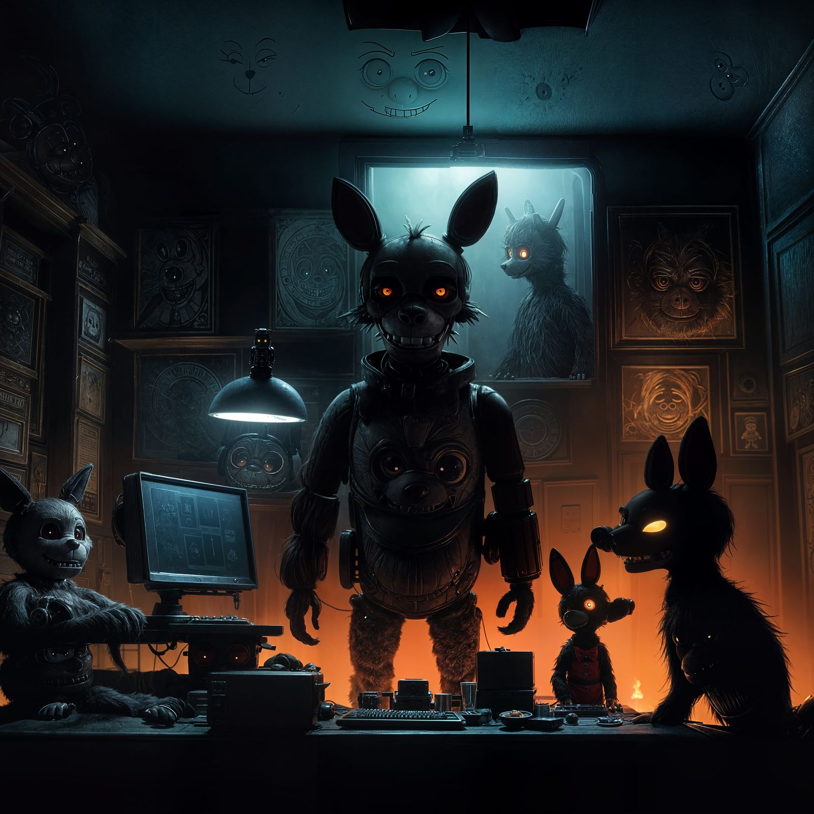 Atmospheric Freddy Fazbear's Security Office Scene in Dark D...