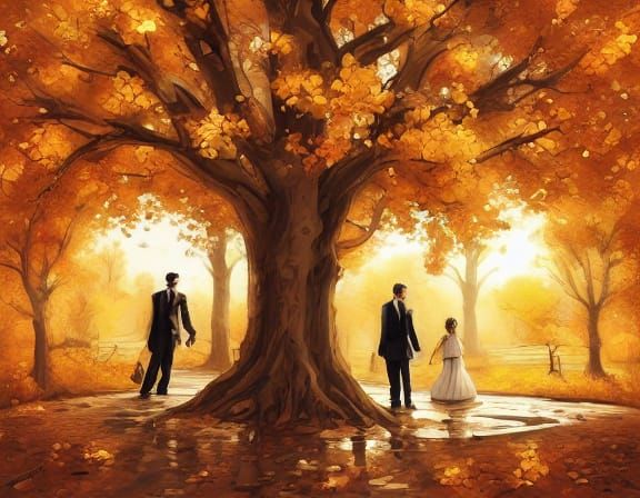 Couple Walking in Golden Autumn Park