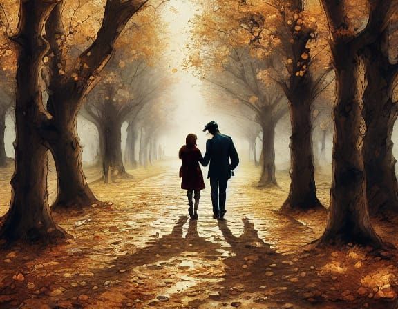 Couple Walking in Autumn Park Oil Painting