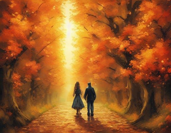 Couple Walking in Autumn Park with Golden Leaves
