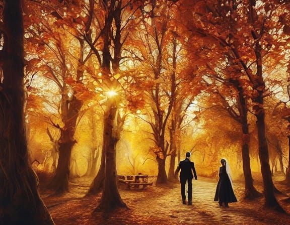 Cozy Autumn Park Scene in Warm Oil Painting Style