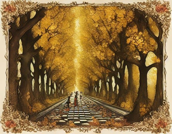 Autumn Couple in Park as Oil Painting