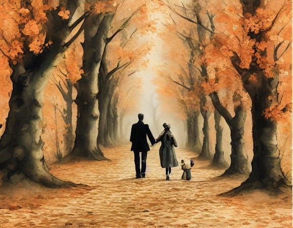 Couple Walking in Autumn Park Oil Painting