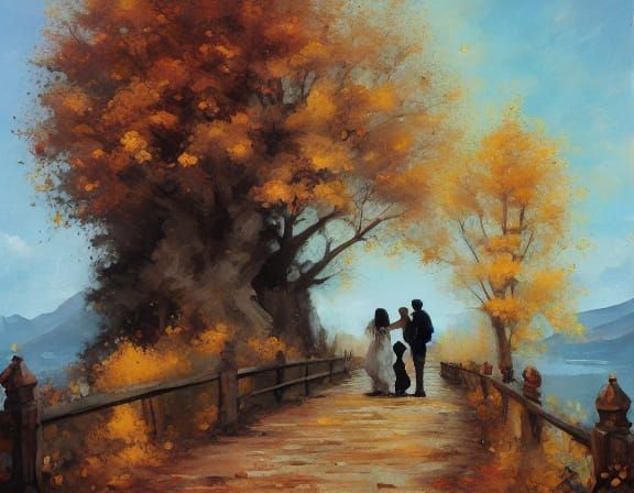 Couple Walking in Autumn Park with Golden Leaves