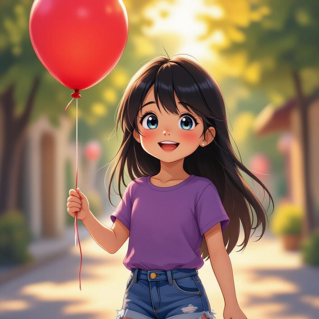 Joyful Girl with Red Balloon in Golden Hour Light