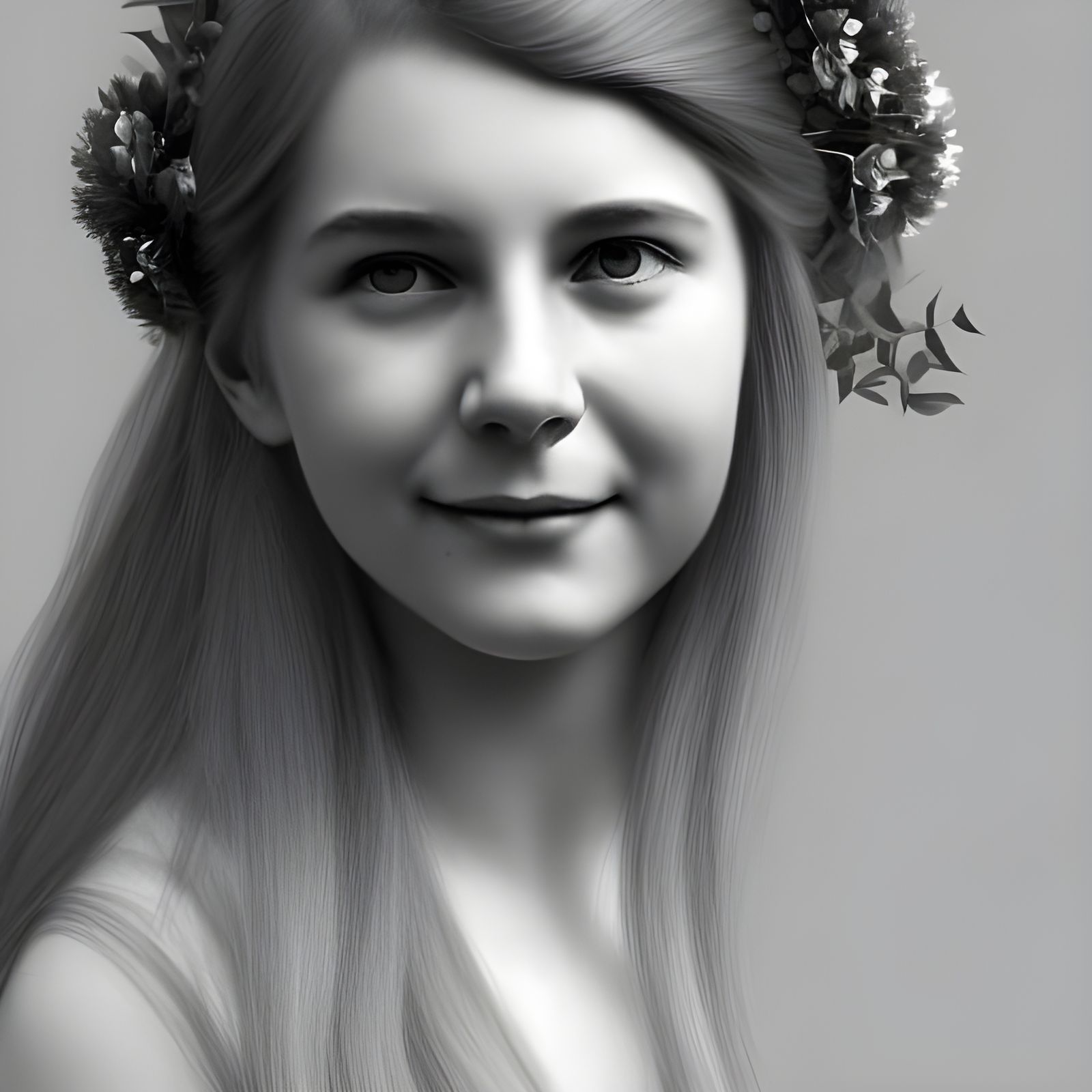 grayscale edwardian style portrait photo of a beautiful female teenager